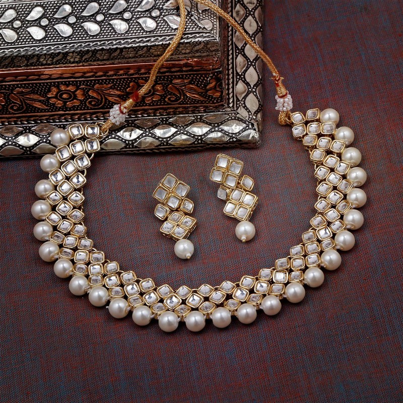 Aheli Kundan Collar de perlas Pendiente Set Étnico Indio Tradicional
