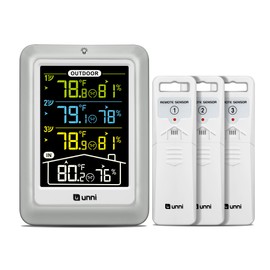U UNNI Wireless Weather Station with 3 Outdoor Sensors, 4.5 Inch Display Temperature Humidity Monitor with 330 ft Range Sensor and Adjustable Backlight (Multi-Colour)