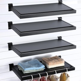 Blulu 4 Pack Slatwall Shelf, 23. 6x11. 8 Inch Wooden Wall Shelves with Metal Rectangular Tubing U Shaped Hanger Slatwall Shelving Organizer Accessories for Home Retail Display (Black)