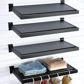 Blulu 4 Pack Slatwall Shelf, 23. 6x11. 8 Inch Wooden Wall Shelves with Metal Rectangular Tubing U Shaped Hanger Slatwall Shelving Organizer Accessories for Home Retail Display (Black)