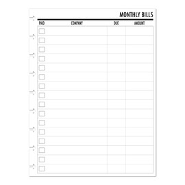 Classic size Bill Tracker Refill for Disc Notebooks, 9 Disc, 7" x 9.25", Compatible with Disc-Bound Planners such as the Happy Planner, 30 Double-Sided sheets