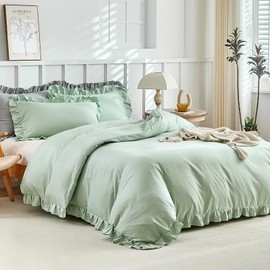 Tokokimo Ruffle Duvet Cover Double - Sage Green Bedding Set, Soft Microfiber Green Double Duvet Set with 2 Pillowcases for Bed Frilly Duvet Covers 200x200 cm Bedding Gifts, Green/Ruffled