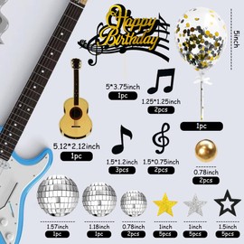 31 piezas de decoración para tartas de guitarra, notas musicales, decoraciones para tartas para músico, fiesta de cumpleaños, fiesta temática de roca (negro)