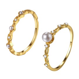 OIDEA Women's Ring with Pearl Cubic Zirconia: Gold Pearl Ring with Freshwater Pearls Stackable Engagement Ring Wedding Ring Women's Ring Gift for Women Girlfriend Sister Ring Size 49-60, 54
