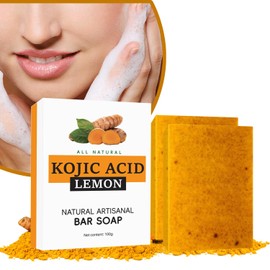 2PCS Jabón Turmeric Soap, Jabón De Ácido Kójico De Cúrcuma y Limón, Ingredientes naturales y orgánicos Limón Turmeric Kojic Soap, Iluminador y Hidratante, suave Turmeric Soap Bar para rostro y cuerpo