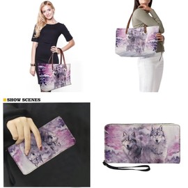 Salabomia Wolf Print Purse and Handbag Set for Women, Tote Shoulder Bag Soft Casual Satchel Bag with Matching PU Wallet Clutch Purse 2 PCS Set, Purple
