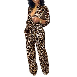 Elegant Jumpsuits for Women Dressy Long Sleeve Long Straight Pants Leopard Button Down Party Club Jumpsuit with Pockets Belt(XX-Large)