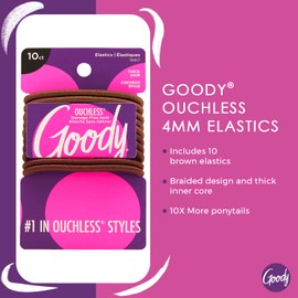 Goody Ouchless Hair Elastics – No Pull, No Breakage, Tangle-Free Hold for Thick, Curly, Coily & Textured Hair – 10 Count, Brunette, Long-Lasting Ponytail Holders for Women & Men