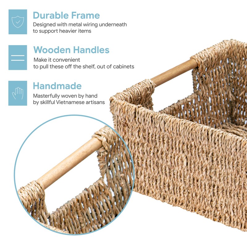 Large Natural Wicker Basket Rectangular with Wooden Handles, Seagrass Storage