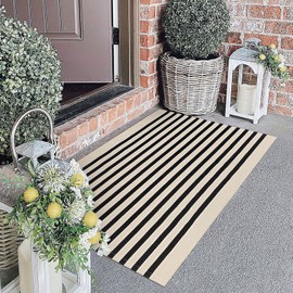 KOZYFLY Black and Beige Striped Porch Rug 27.5x43 Inches Area Rug Washable Outdoor Doormat Front Door Mat Cotton Striped Indoor Outdoor Rug for Front Door Kitchen Entryway Patio Porch