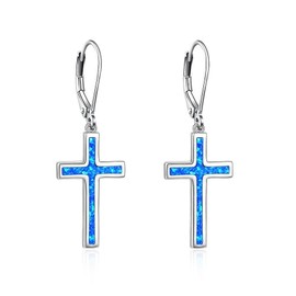 Opal Cross Earrings for Women 925 Sterling Silver Leverback White Opal Dangle Cross Earrings for Girls, Sterling Silver