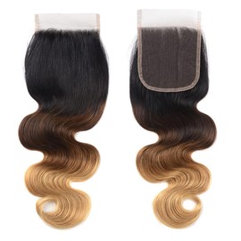 DUAUJUIU Ombre Body Wave 4x4 Lace Closure Human Hair 1B 4 27 Blonde and Brown Hair Closure 14 Inch