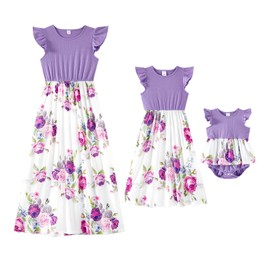 IFFEI Mommy and Me Dresses Matching Set Family Outfits Flutter-Sleeve Midi Dress with Pockets 9-12M Purple