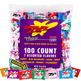 Zotz Fizzy Bulk Candy (Assorted, 100 Units)- Hard Candy Individually Wrapped- Assorted 7 Fruit Flavors, Cherry, Watermelon, Strawberry, Blue Raspberry, Apple, Orange & Grape- From Italy Since 1970