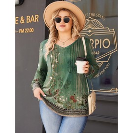 IN'VOLAND Tunic Tops for Women Plus Size Puff Long Sleeve V Neck Shirts Cute Babydoll Flowy Blouse Fall Winter Clothes Green Flower