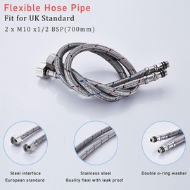 Haiba Pack of 2 Kitchen/Basin Monobloc Mixer Tap Connectors Flexi Pipes Tails British Standard Pipe M10 x1/2 Fitting 700mm Long (Silver Pipes)