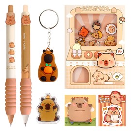 Lezehea Capybara Gel Pen Set with 2 Animal Pens Capybara Pens with Capybara Keyring with Notebooks with Sticky Notes with Clip, Capybara School Items, Cute Capybara Pen Set (Black 0.5 mm)
