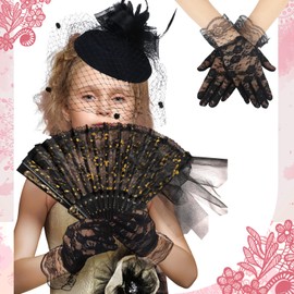 JenPen 2 Pcs Fascinator Hat for Girls Funeral Veil Hat Kids 50s Fascinator Black White Lace Hat and Gloves for Tea Party(Lace Black)