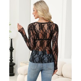 LOMON Women's Mesh Top Long Sleeve Crew Neck Sheer Blouse See Through Lace Tops Black Floral XXL