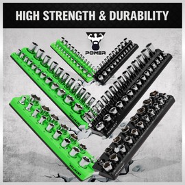 Magnetic Socket Organizer Holder Tool: 8PCS Set includes 2PCS 1/4", 4PCS 3/8", 2PCS 1/2" Drive Socket Storage Trays Toolboxs, Holding 199 Slots Soft Rubber Covering Black Green (sockets not included)