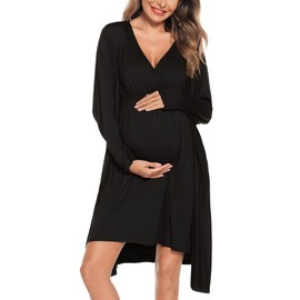 SWOMOG Women Maternity Nursing Gown and Robe Set 3 in 1 Labor Delivery Nursing Nightgown for Breastfeeding Hospital Bathrobe