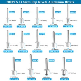 Sunxeke 780pcs Pop Rivets with Washers Assortment Kit,14 Sizes Pop Aluminum Rivets(3/32 1/8 5/32 3/16 1/4 inch) and 4 Sizes washers,Assorted Blind Rivets for DIY/Automotive Repairs/Furniture with Box