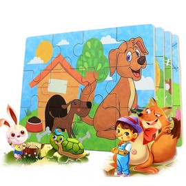 Wooden Puzzle Toy, 64-Piece Puzzle Made of Wood, Four Levels of Difficulty, Educational Toy for Children, 3 / 4 / 5 Years Old, Metal Case Box, Farmhouse