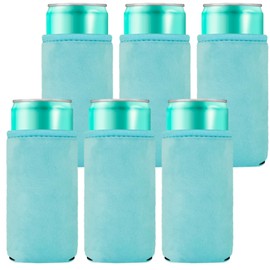 Casa-Eco Faux Fur Blank Tall Skinny Can Coolers, Fluffy Plush Insulated Neoprene Slim Beverages Can Sleeves, DIY, HTV Vinyl Projects for Wedding, Bachlorette Party Favoris (6-Pack, Sky Blue)
