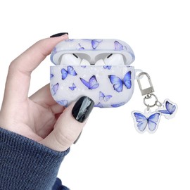 Cute Case for AirPods Pro Cover with Kawaii Keychain, Blue Butterfly Shell Design for Girls Women Soft TPU Protective Air Pods Case Compatible for AirPod Pro
