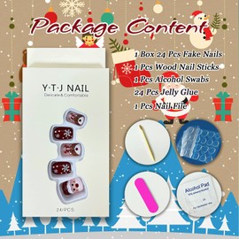 Christmas Press on Nails Short Square Red Fake Nails Glitter Full Cover Acrylic Nails Cute Snowflake Press on Nails Santa Claus Artificial False Nail with Designs Nail Supplies for Women Girls 24Pcs