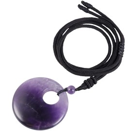 KYEYGWO Unisex Gemstone Doughnut Pendant with Adjustable Nylon Rope, Healing Crystal Round Necklace Peace Buckle Jewellery Stone Amulet for Lucky Charm, Nylon amethyst Nylon, Amethyst