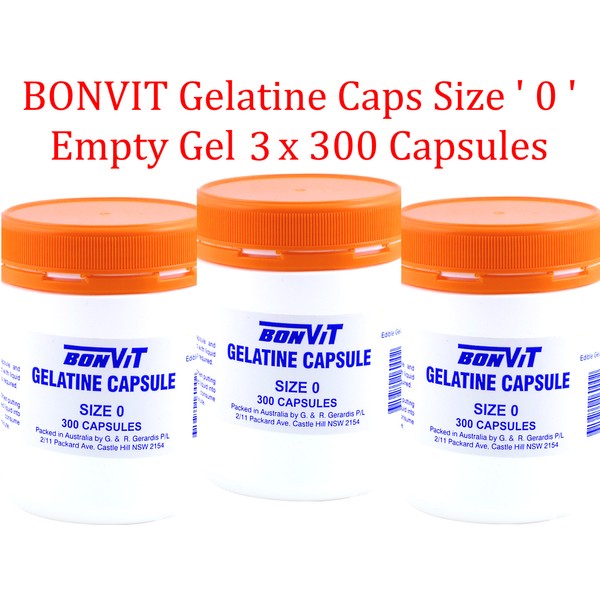 BONVIT Gelatine Caps Size ' 0 ' Empty Gel ( 3 x 300 capsules ) * FREE POST *