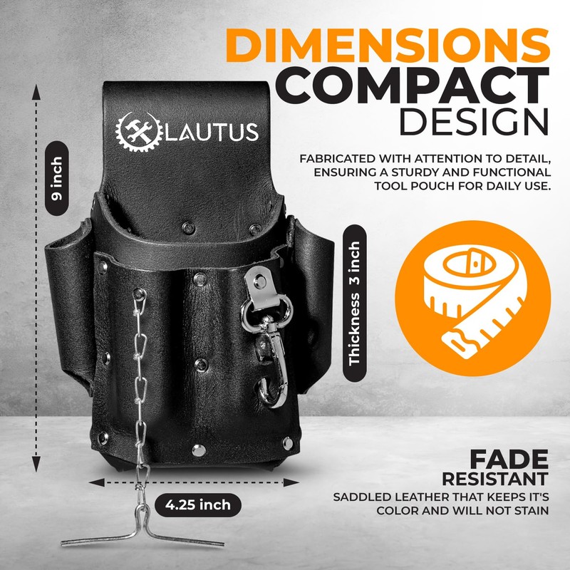 LAUTUS Electrician Full Top Grain Leather Tool Pouch; 5 Pocket