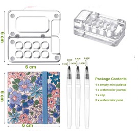 Portable Sketchbook Palette Set, 8 Compartments Transparent Mini Travel Paint Palette Paint Box for Watercolor Gouache Acrylic Painting with Watercolor Paper Journal Watercolor Brush Pens