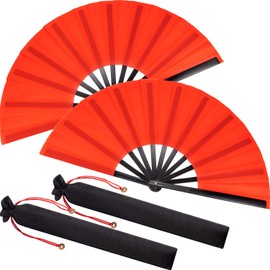 Maitys 2 Packs Large Clap Fans for Line Dancing Large Chinese Folding Hand Fans for Men and Women, Festival, Tai Ji, Kungfu, Martial Art, Gifts (Red)
