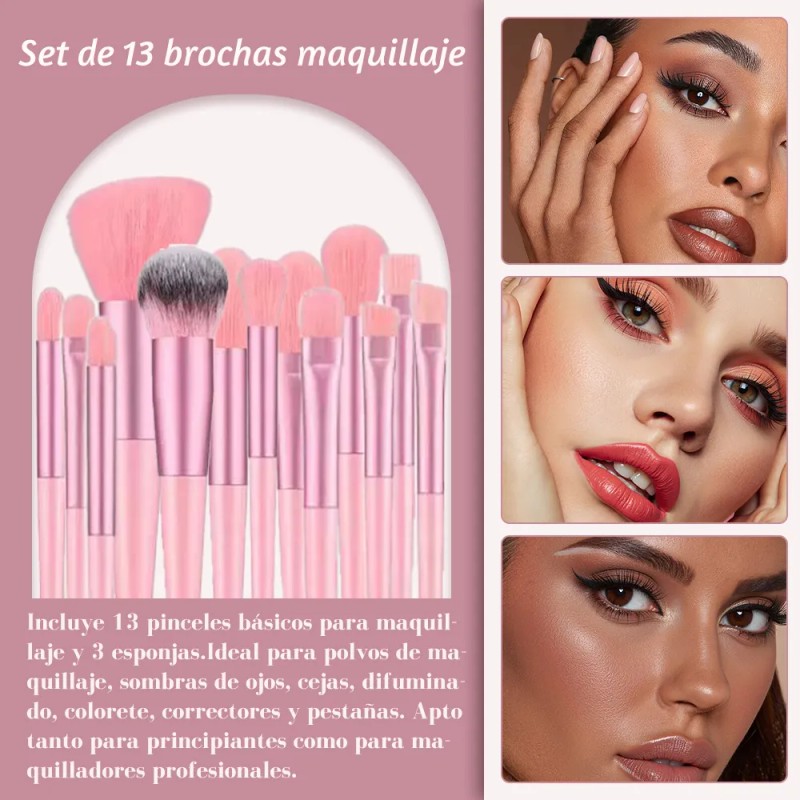 13 Piezas Brochas Maquillaje Y 3 Esponja Para Maquillaje Rosa