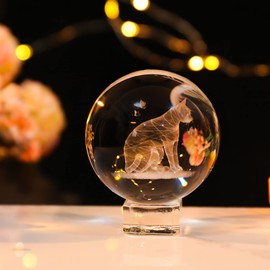 Ornalrist Crystal 3D Ball 6cm Engraved Cat with Butterflies Gifts for Cat Lovers Women Men Glass Lovely Animals Figurines with Base, Kitty Ornaments Keepsake for Friends Birthday