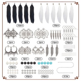 SUNNYCLUE 1 Box 8 Pairs Earrings Making Kit feathers Charm Bulk Bohemian White Black feathers Charms Earring Chandelier Charms Bohemian Charms for Jewellery Making Kits Adults Women Gifts Supplies