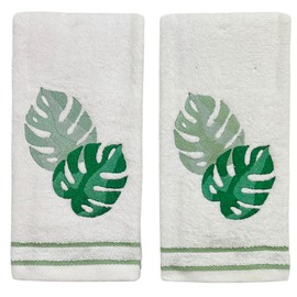 Coastal Tropical Palm Leaves Embroidered Bath Hand Fingertip Towels, Green on Ivory, 100% Cotton, Set of 2, 12 x 18 inches