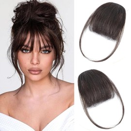 Clip In Fringe 100% Real Human Hair Bangs Hair Clip Thin Bangs On Hairpiece On Air Bangs With Temple Wispy Bangs Hair Extensions for women (Dark brown, Clip in Wispy Bangs)