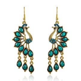 Peacock Teardrop Tassel Earrings, Peacock Chandelier Tassel Dangle Earrings for Women, Bohemian Teardrop Peacock Fringe Earrings, Sparkling Phoenix Bird Stud Earrings Boho Jewelry(Green)