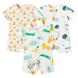 Minicoco Baby Boy 3-Pack 100% Cotton Short Sleeve Rompers-Breathable One-Piece Jumpsuits with Animal Themes for Spring/Summer