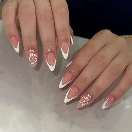 Press on Nails Short Almond Fake Nails Brown Nails Press ons Glossy Glue on Nails White French Tip Acrylic Nails Spring False Nails with Flower Designs Artificial Stick on Nails for Women for 30Pcs