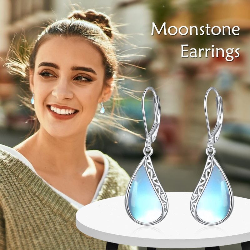 POPLYKE Tear Larimar Moonstone Leverback Earrings for Women Sterling Silver