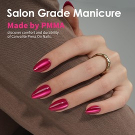 Canvalite Short Almond Press On Nails, Rose Red Cat Eye Nails Press On with Glue 30Pcs Reusable Acrylic Fake Nails Hassle-Free Removal Easy to Use Manicure Kit for Women