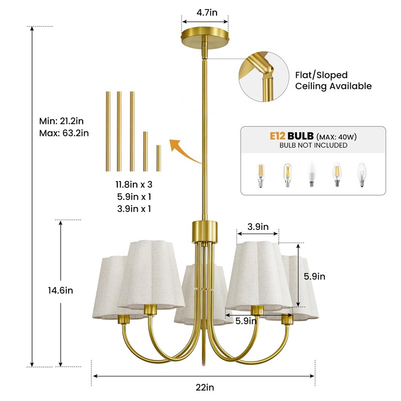 Linour Gold 5 Light Chandelier for Dining Room, Fabric Shade