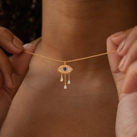 Dremmy Studios Danity Gold Evil Eye Necklace for Women, 14K Gold Plated Retro Turquoise Evil Eye Jewelry