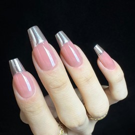 Redykat 30PCS Handmade Glossy Soft Gel Press on Nails, Silver Chrome French Tip Fake Nails,Reusable Ombre Long Coffin Press on Nails (Fairy Tips)