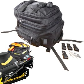 GEARS Universal Snowmobile Tunnel Bag | Expandable, Waterproof, Snowsport Luggage - Rear Cargo Storage Bag for Mountain & Trail Sleds | Universal Fit Soft Shell Tunnel Pack with Shovel Carry (Black)