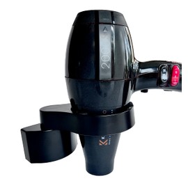 Vic+ Wall Mounted Hairdryer Holder, robust and rotatable black dryer holder with rubber grips.